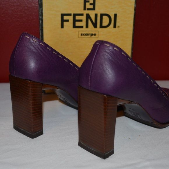 Fendi Vintage Purple Leather Block Heel Pumps – Square Toe - Picture 13 of 14